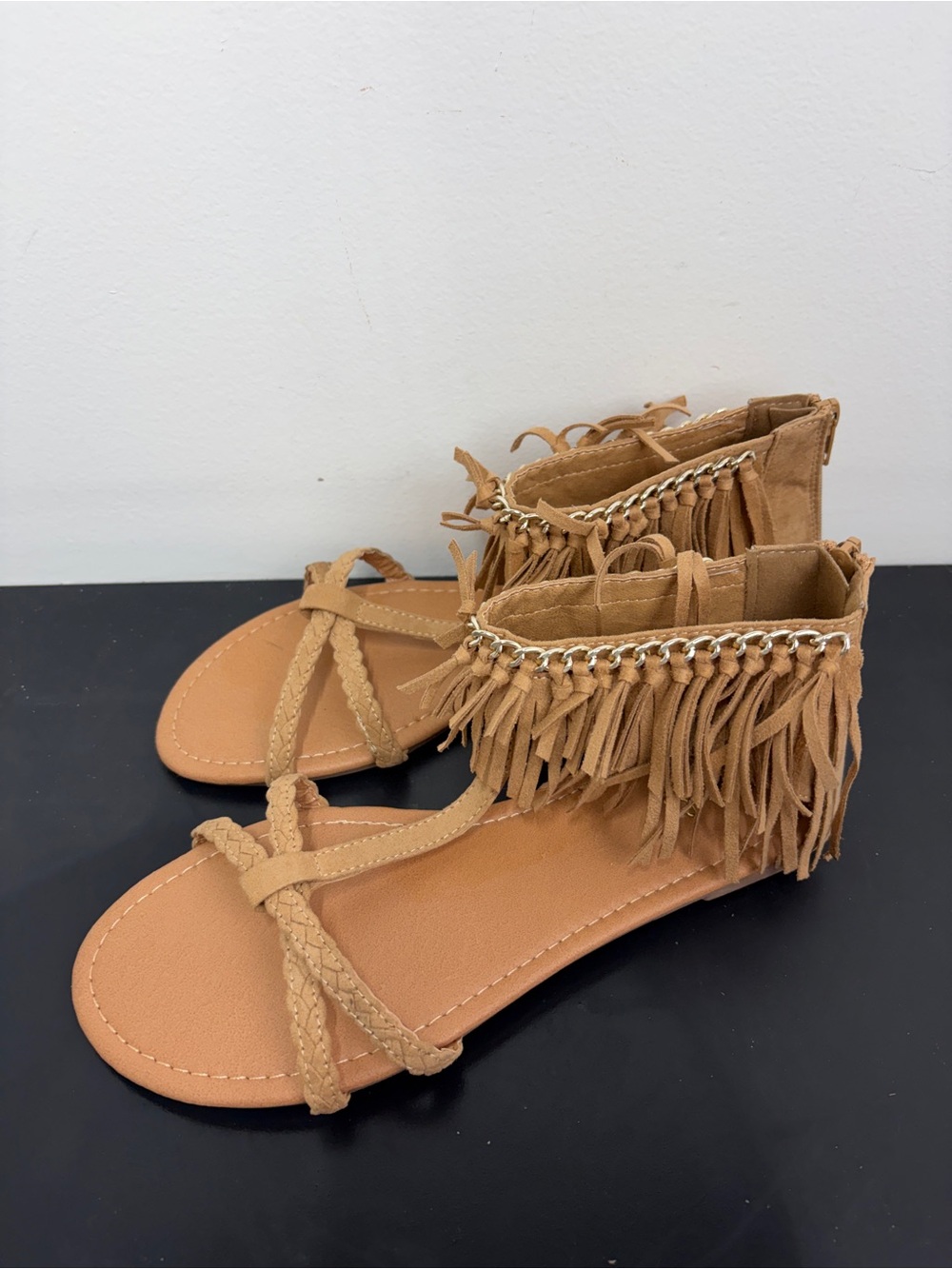 Qupid Tan Fringe Gladiator Sandals with Braided Straps